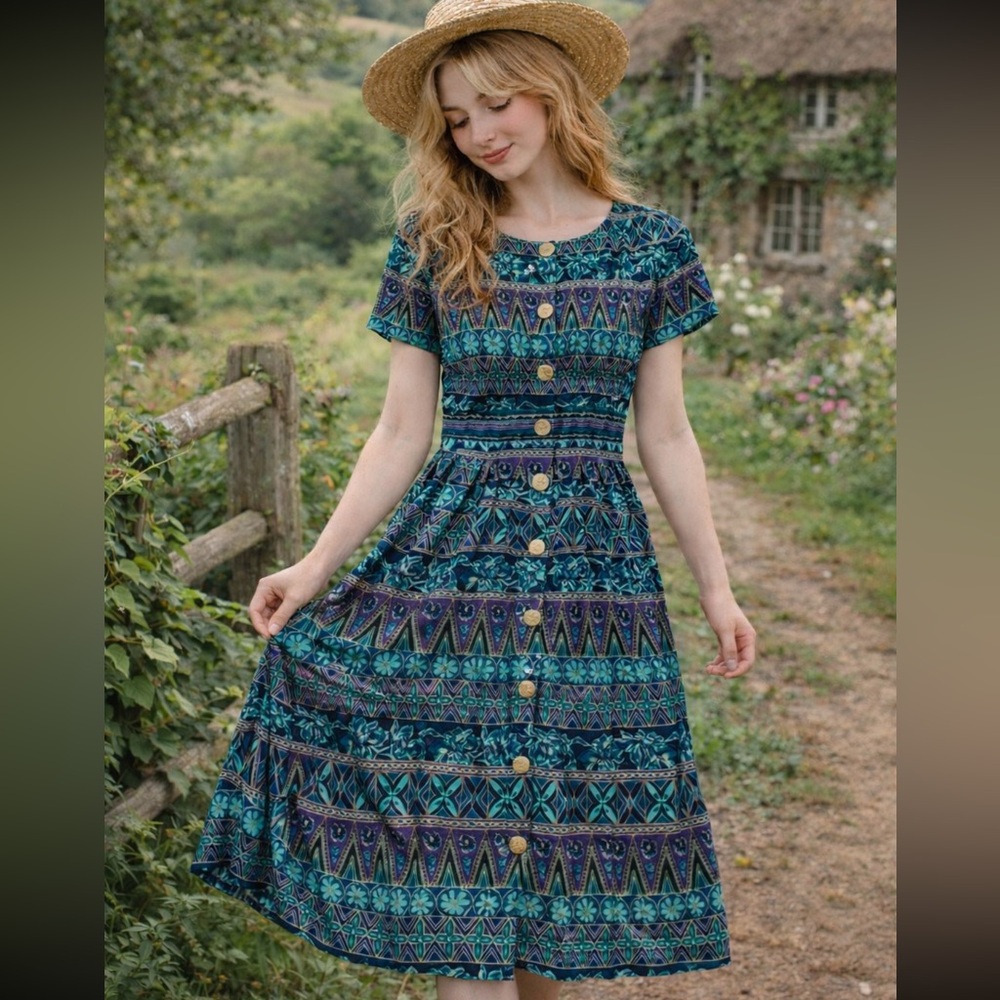 VTG Positive Attitude Blue Purple Gold Patterned Maxi Dress Gold Buttons pockets